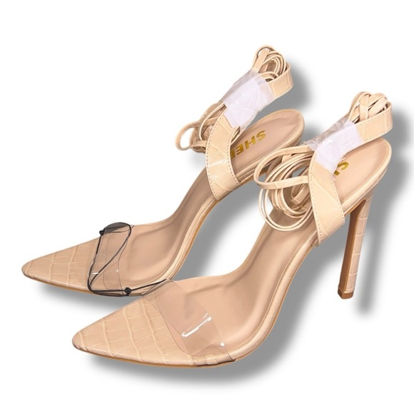 New Forever 21 Size 8 Nude Heels Faux Croc Stilettos Clear Pointed Toe 4” Heel - Picture 1 of 13